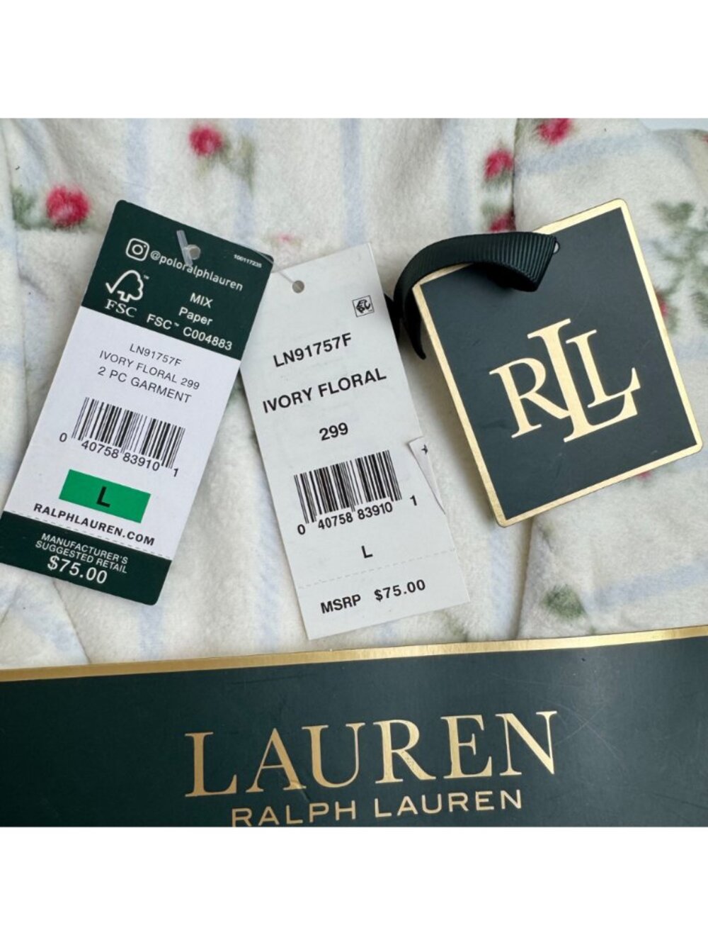 Lauren Ralph Lauren NEW 2 Piece Pajama Set Ivory Floral Loungewear Women Lrg PJ - Picture 3 of 6
